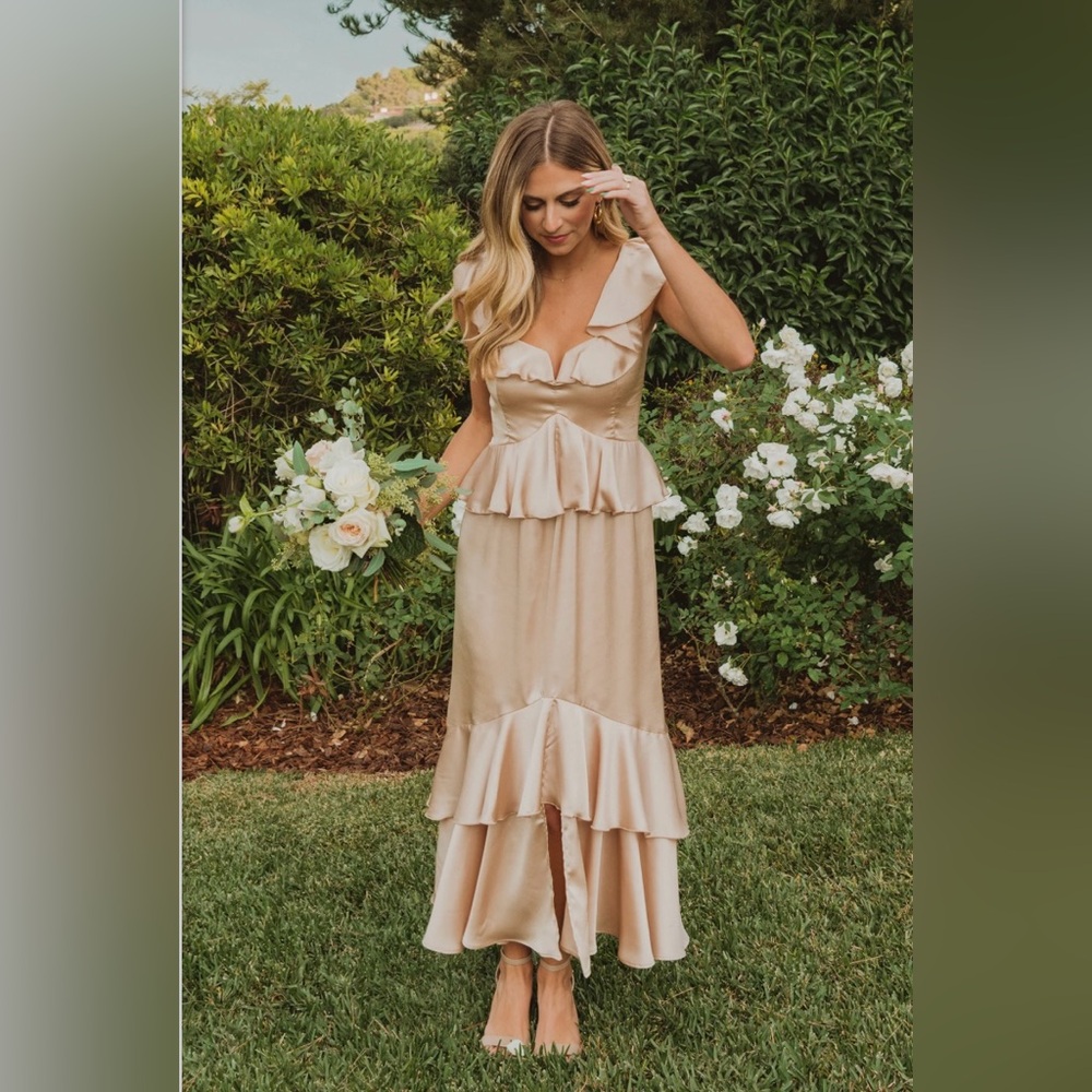 Reese Ruffle Dress in Champagne Satin